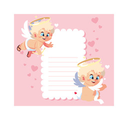 card valentines day with cupid angels , sheet to write