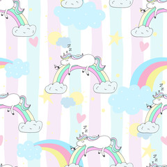 Hand drawn seamless vector pattern with cute unicorns, stars and planet. Repetitive wallpaper on white background.