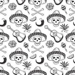 Mexico Vector Seamless Pattern. Dia de los Muertos Day of the Dead. Background with Mexican Holiday Symbols: Mexican Skulls, Guitar, Chile Pepper, Bones, Flower, Tequila Agave