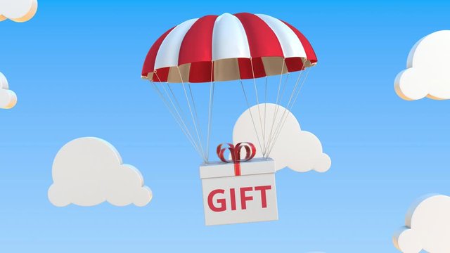 Box with GIFT text falls with a parachute. Loopable conceptual 3D animation