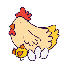 cute hen chicken and eggs farm animal cartoon