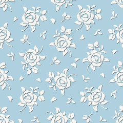 Vector seamless blue and white floral pattern with roses.