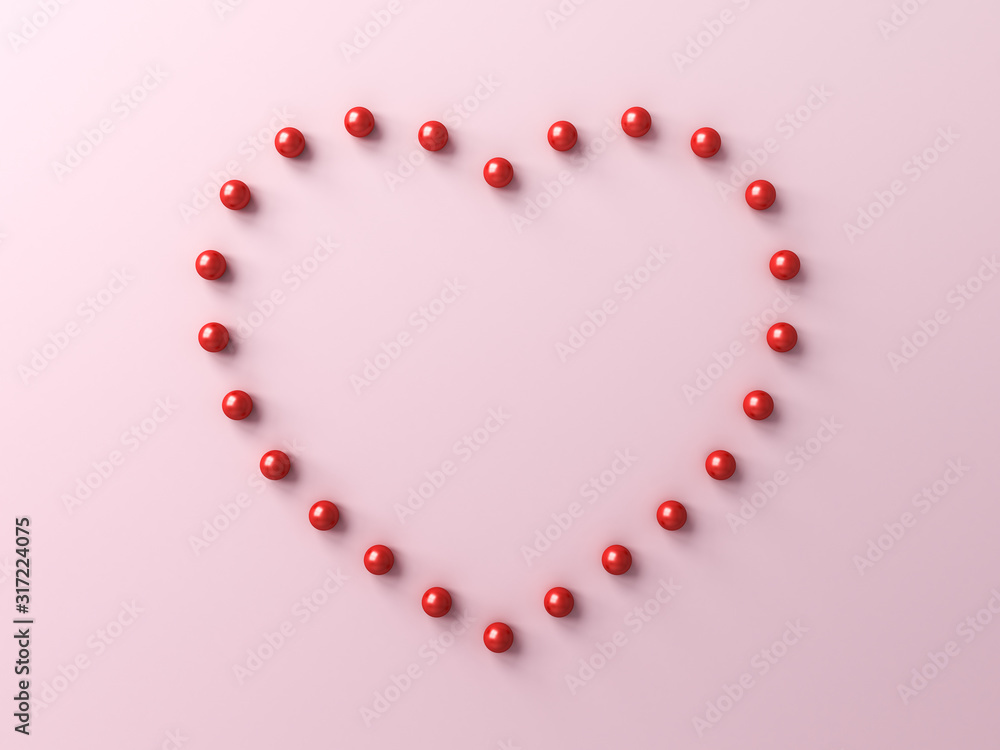 Poster Red pins forming heart shape isolated on pink pastel color background with shadows 3D rendering