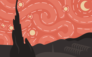 Starlight Night. Vincent van Gogh inspired. Abstract art, flat vector painting. 