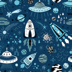 Space Background for Kids. Vector Seamless Pattern with Cartoon Rockets, Planets, Stars, Comets and UFOs.