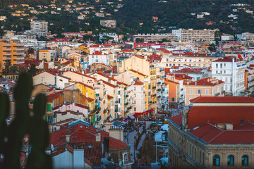 Cannes, France. city aerial panoramic view of architecture and colorful buildings in old town....