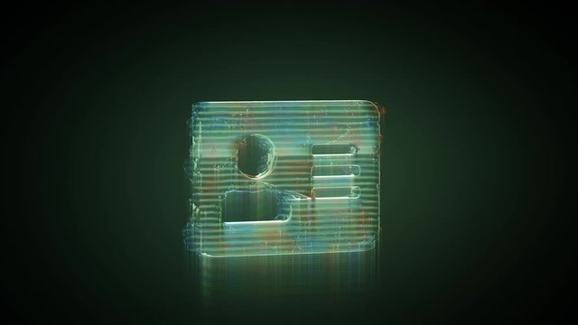 3d rendering glowing hologram of inverted symbol of address card with person and lines distorted glitch green old tv screen on black background