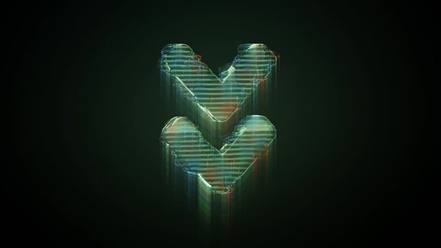 3d rendering glowing hologram of thick symbol of angle double arrow down with rounded corner distorted glitch green old tv screen on black background