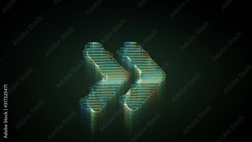 Poster 3d rendering glowing hologram of thick symbol of angle double arrow right with rounded corner distor