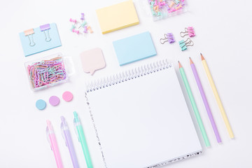 School supplies in pastel color Back to school concept Flat lay