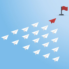 Red Paper Airplane Leading White Paper Airplanes. Leadership Concept With Paper Planes.	