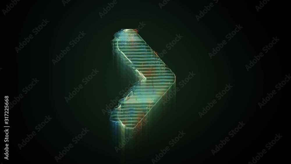 Poster 3d rendering glowing hologram of symbol of angle arrow right distorted glitch green old tv screen on