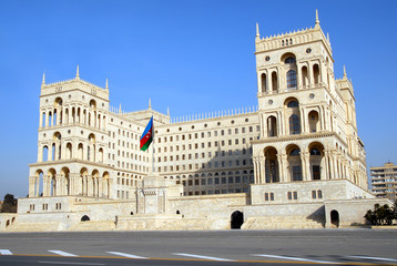 House of Government and state flag of Azerbaijan. Freedom Square, Baku, Azerbaijan.