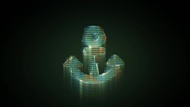 3d rendering glowing hologram of symbol of anchor distorted glitch green old tv screen on black background