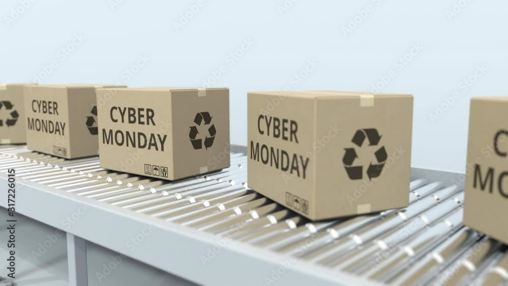 Aufkleber boxes with cyber monday text move on roller conveyor. loopable 3d animation
