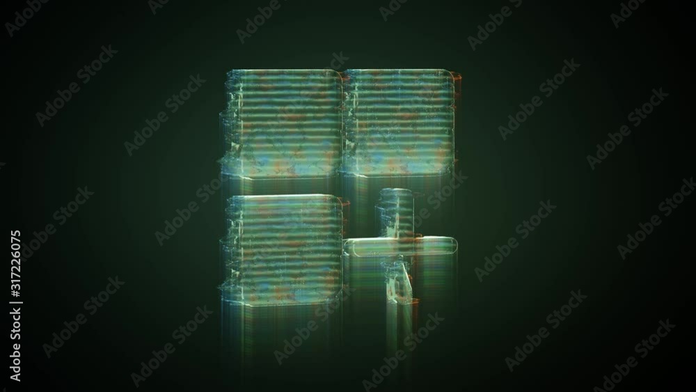 Poster 3d rendering glowing hologram of symbol of mobile application distorted glitch green old tv screen o