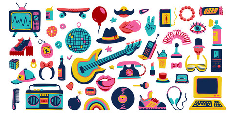Collection retro icons elements in trendy 80s-90s goods hand-drawn cartoon style. Vector colorful set doodle illustration isolated on white background