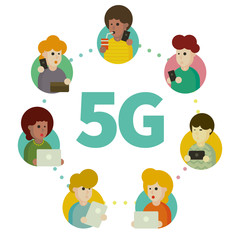 5G Internet High-speed. Social Media Networking Technology Website. People with Laptop Communicating Online. Cartoon Flat Vector Illustration