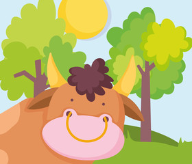 Obraz na płótnie Canvas cute bull trees grass sun farm animal cartoon