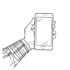 Hand drawn Sketch of Man Hand Holding a Mockup Smartphone Vector illustration