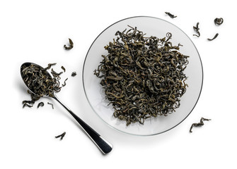 Fototapeta premium Green tea on a white background. The view from the top
