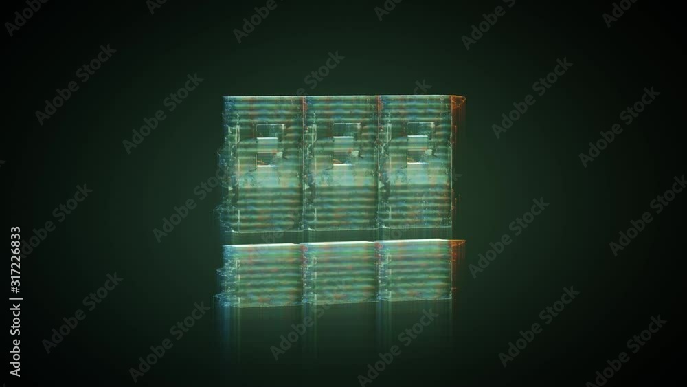 Poster 3d rendering glowing hologram of symbol of archive with three file distorted glitch green old tv scr