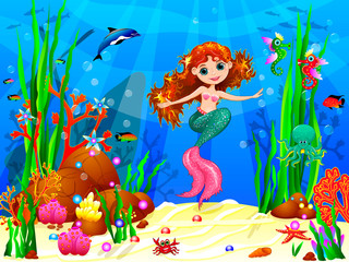 Fototapeta na wymiar Little mermaid in the underwater world. The little mermaid underwater among sea creatures and underwater plants