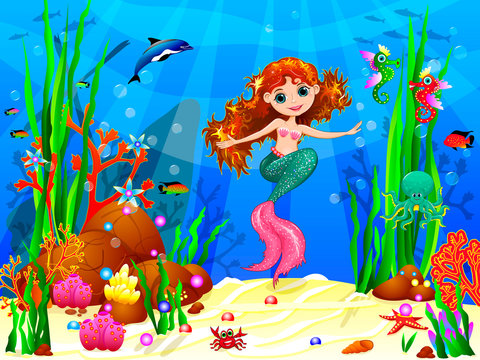 Little mermaid in the underwater world. The little mermaid underwater among sea creatures and underwater plants