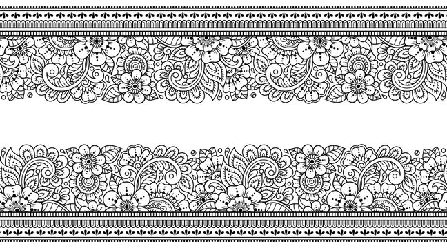 Seamless borders pattern with Mehndi flower for Henna drawing and tattoo. Decoration in ethnic oriental, Indian style. Doodle ornament. Outline hand draw vector illustration.