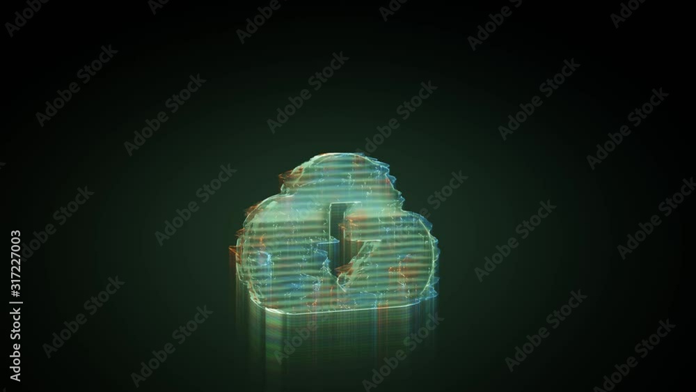 Poster 3d rendering glowing hologram of symbol of cloud download with down arrow distorted glitch green old