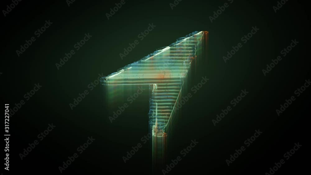 Poster 3d rendering glowing hologram of symbol of compass needle pointing to top right distorted glitch gre