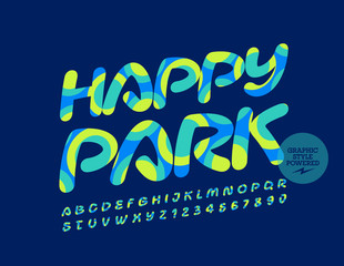 Vector bright Logo Happy Park. Colorful Font with Graphic Style. Artistic Alphabet Letters and Numbers.