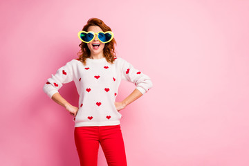 Portrait of her she nice attractive lovely pretty glad excited funny cheerful cheery wavy-haired girl wearing theme party festal look trendy apparel isolated on pink pastel color background