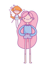 happy valentines day, cute young woman with long hair and little cupid hearts love character cartoon