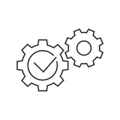 Gears with check mark line icon on white background. Editable stroke