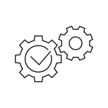 Gears With Check Mark Line Icon On White Background. Editable Stroke