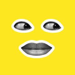 Collage in magazine style on bright yellow background. Female lips and eyes forming face black and white colored with contour. Modern design, creative artwork, style and human emotions concept