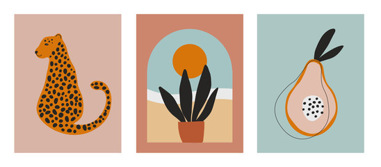 Digital art illustrations with cheetah, leopard, planr and sun, nature and fruit. Minimalist line art with simple colors. Modern posters for wall art, prints, cards. © OliaGraphics