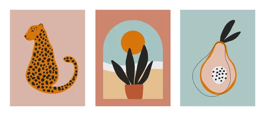  Digitale kunstillustraties met cheetah, luipaard, planr en zon, natuur en fruit. Minimalistische lijntekeningen met eenvoudige kleuren. Moderne posters voor kunst aan de muur, prenten, kaarten. © OliaGraphics