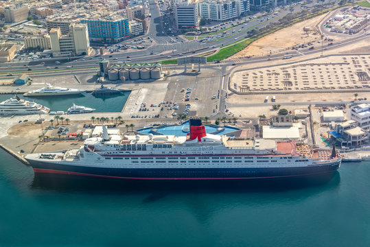 Aerial View Of Ship Queen ELizabeth 2 In The Port Of Dubai, United Arab Emirates