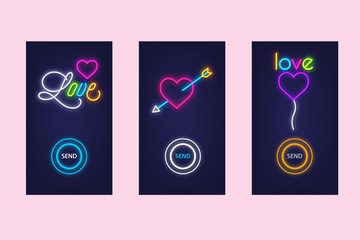 Love mobile app set with neon glow icons. Virtual love. UI design.