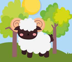 ram trees meadow sun farm animal cartoon