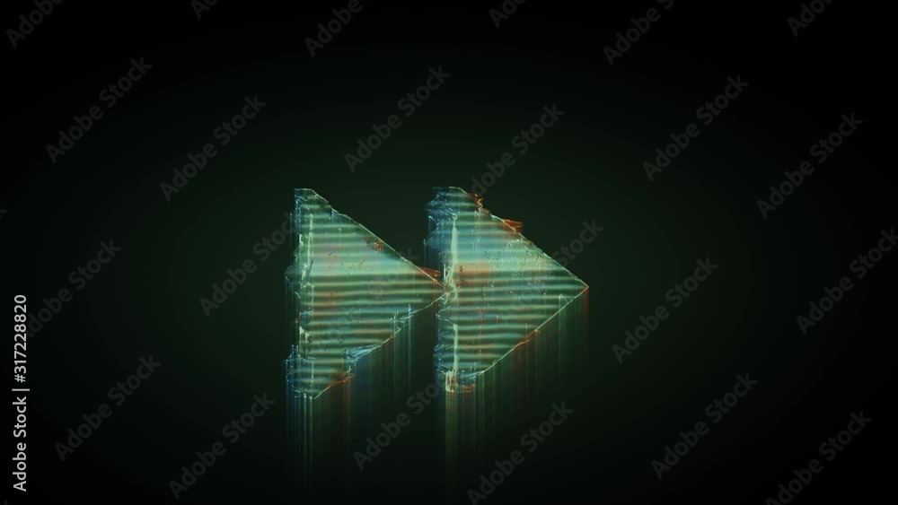 Poster 3d rendering glowing hologram of symbol of double fast forward right triangle arrows distorted glitc