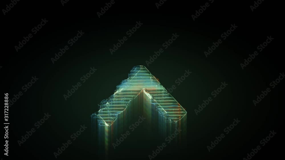 Poster 3d rendering glowing hologram of symbol of simple open up arrow distorted glitch green old tv screen