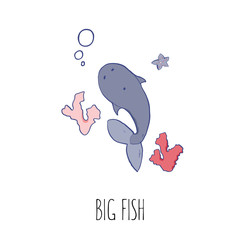 Vector illustration of whale. Big fish with corals and sea star. print, postcard, logo.