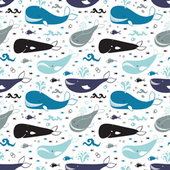 Sea Animal Background for Kids. Vector Seamless Pattern with Cute Whales, Fishes and Sea Waves. Cartoon Ocean Animals.