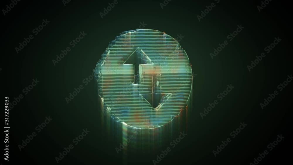 Poster 3d rendering glowing hologram of symbol of inverse up and down arrows in circle distorted glitch gre