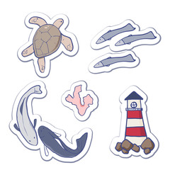 Vector illustration of the sea animals and others. Lighthouse, corals, fishes, turtles. Sea stickers.