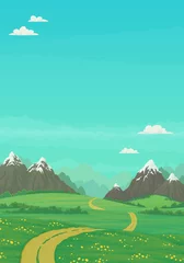 Photo sur Plexiglas Corail vert Paysage d& 39 été avec un chemin de terre rural traversant des prairies verdoyantes avec des fleurs sauvages et des arbres, des montagnes enneigées avec un ciel bleu vif et des nuages en arrière-plan. Illustration de vecteur de dessin animé, bannière.