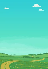 Fotobehang Koraalgroen Zomerlandschap met landelijke onverharde weg die door groene weiden met wilde bloemen en bomen met heldere blauwe lucht en wolken loopt. Cartoon vectorillustratie, briefkaart, land achtergrond, banner.